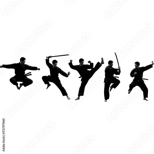Martial artist performing various karate moves in silhouette