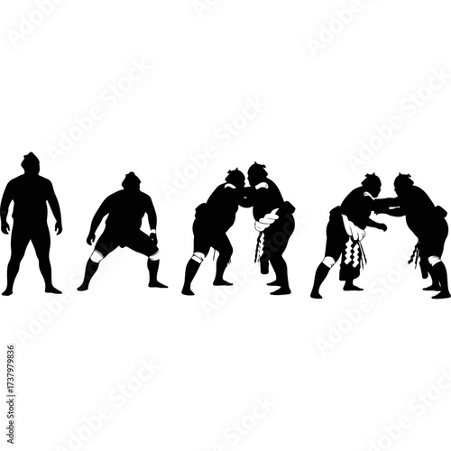 Sumo wrestlers in action, silhouette on white background