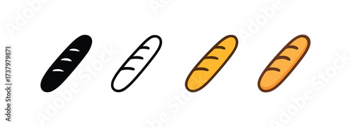Vector icon baguette four styles black solid glyph outline minimal flat multicolor filled cartoon flat shaded.