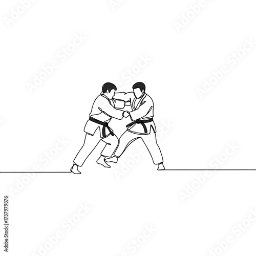 Two judo athletes practicing grappling techniques on white background