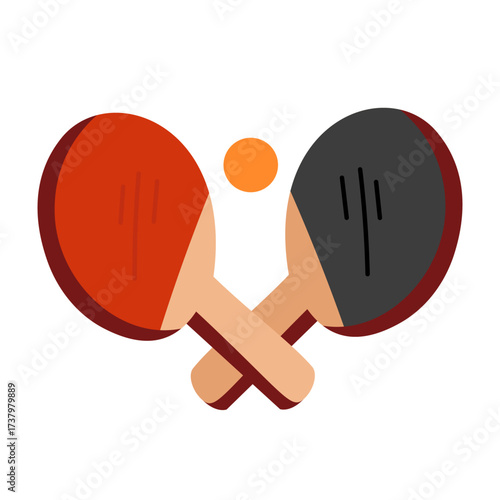Flat illustration of two colorful ping pong paddles and table tennis ball. Vector sport objects isolated on white background