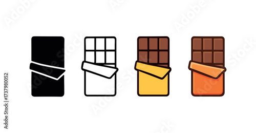 Vector icon chocolate bar four styles black solid glyph outline minimal flat multicolor filled cartoon flat shaded.