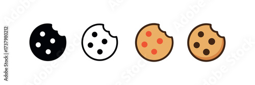Vector icon cookie four styles black solid glyph outline minimal flat multicolor filled cartoon flat shaded.