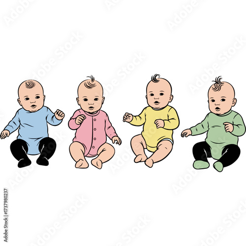Four babies sitting and looking with different colored onesies