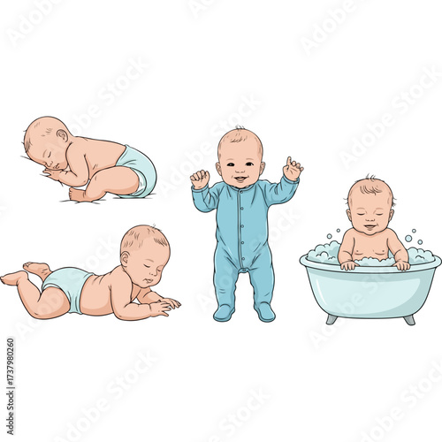 Baby in various poses: sleeping, crawling, standing, and bathing