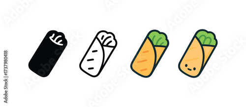 Vector icon spring roll four styles black solid glyph outline minimal flat multicolor filled cartoon flat shaded.
