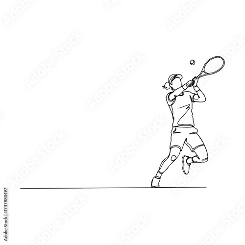 Tennis player hitting ball with racket in action, line art