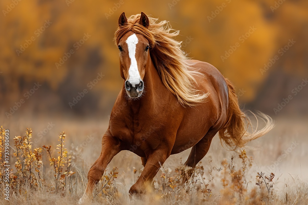 Obraz premium Magnificent chestnut horse with a flowing blonde mane and tail is captured mid-gallop across a sunlit field, conveying a sense of freedom and energy.