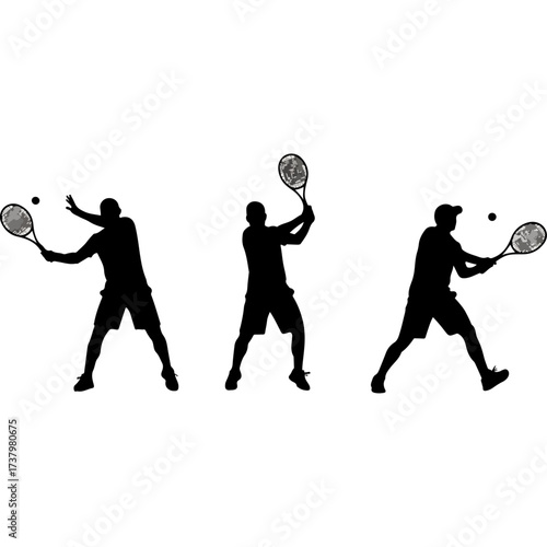 Tennis players in action, silhouette set against white background