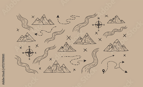 Hand drawn mountain peaks and compass rose icons on kraft paper background