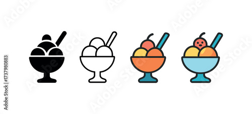 Vector icon ice cream sundae four styles black solid glyph outline minimal flat multicolor filled cartoon flat shaded.