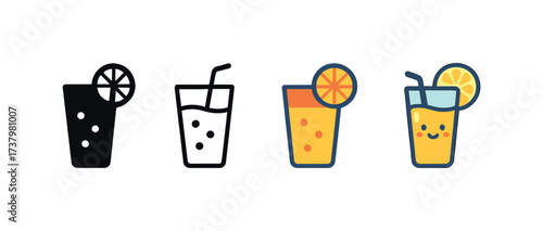 Vector icon lemonade four styles black solid glyph outline minimal flat multicolor filled cartoon flat shaded.