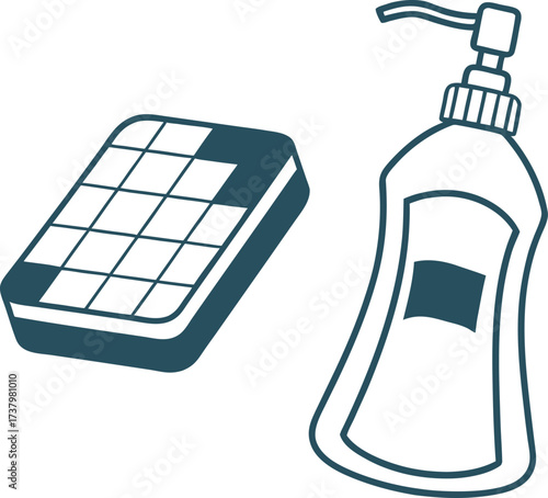 Flat icon of a dishwashing sponge and soap bottle for cleaning