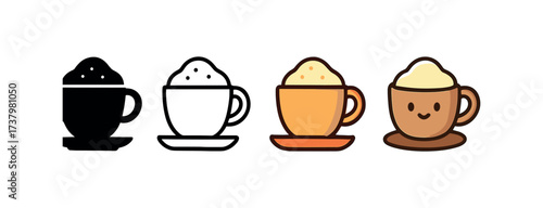 Vector icon cappuccino four styles black solid glyph outline minimal flat multicolor filled cartoon flat shaded.