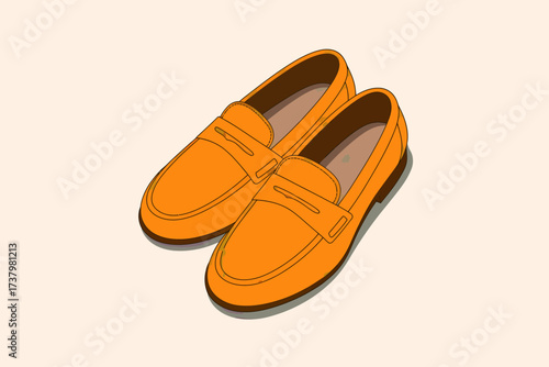 Stylish Orange Penny Loafers Illustration on Light Background Classic Footwear Design Art Prints and Fashion Accessories Images
