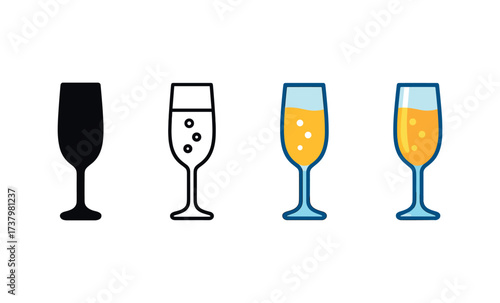 Vector icon champagne flute four styles black solid glyph outline minimal flat multicolor filled cartoon flat shaded.