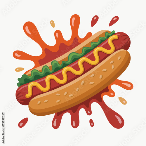 Delicious Hot Dogs with Ketchup Mustard and Lettuce Illustration on White Background Ready to Eat