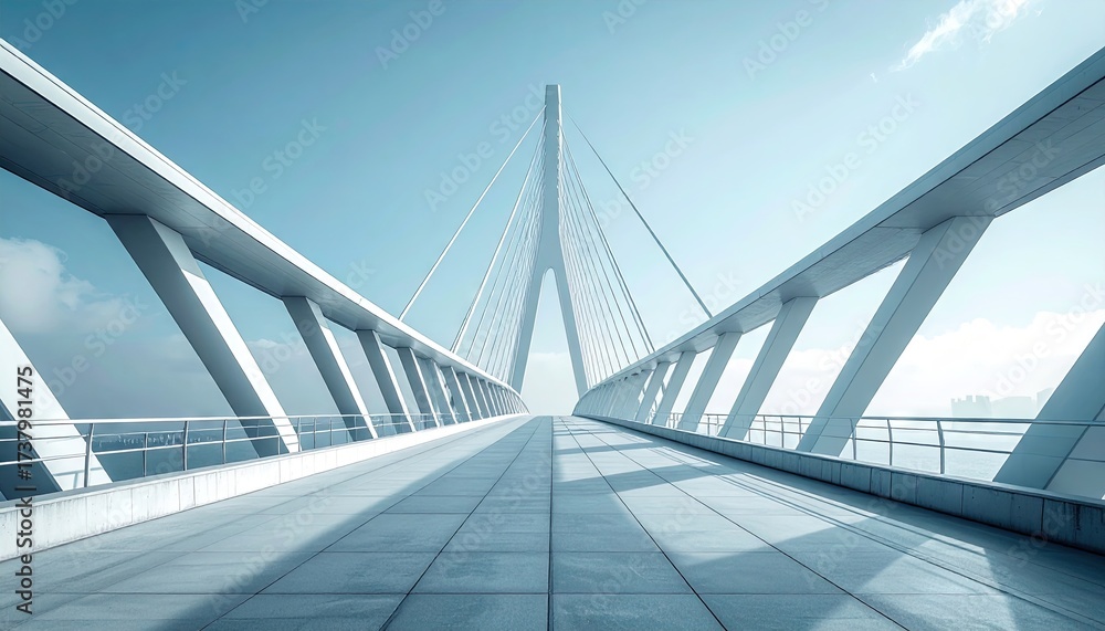 Fototapeta premium Modern White Cable Stayed Bridge Under Clear Blue Sky with Geometric Design and Repeating Triangles Architecture