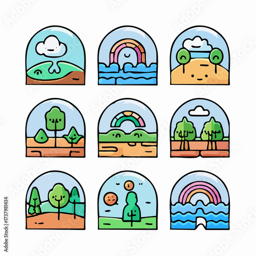 A vibrant collection of nine flat design nature landscape icons, showcasing cartoon scenes with trees, clouds, rainbows, and water within arched frames