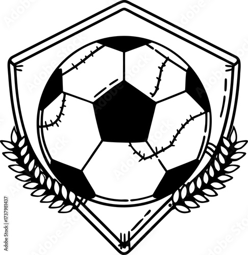 Classic soccer ball emblem with shield and laurel branches, black and white outline sports club, team logo, tournament symbol