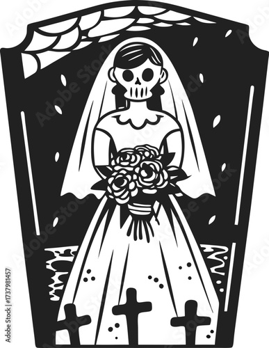 Bride skeleton illustration with floral bouquet, graveyard tombstone, spiderweb halloween, day of the dead, gothic marriage concept