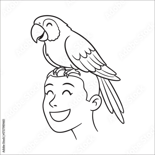 A Joyful person with perched happy parrot minimalist line drawing art