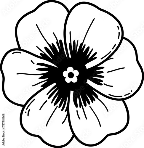 Black and white pansy flower illustration hand drawn simple spring blossom, outline floral botanical graphic