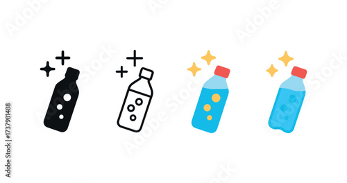 Vector icon sparkling water four styles black solid glyph outline minimal flat multicolor filled cartoon flat shaded.