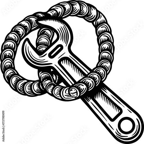 Wrench with rope knot mechanical tool entwined, engineering maintenance concept, craftsmanship and hardware symbol