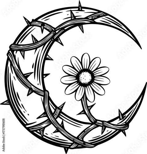 Crescent moon wrapped in thorny vines with blooming daisy flower symbol of contrast, growth, protection and transformation