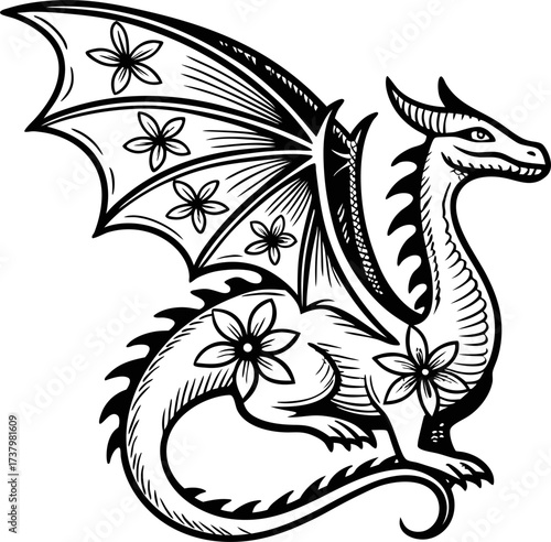 Floral fantasy dragon illustration with decorative wings and tail mythical creature line art, nature inspired fantasy design