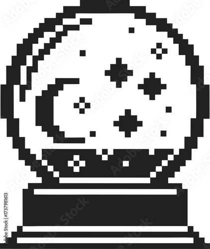 Pixel art snow globe with moon and stars, retro black and white design, celestial decoration, vintage magical ornament