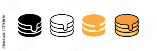 Vector icon pancake with syrup four styles black solid glyph outline minimal flat multicolor filled cartoon flat shaded.