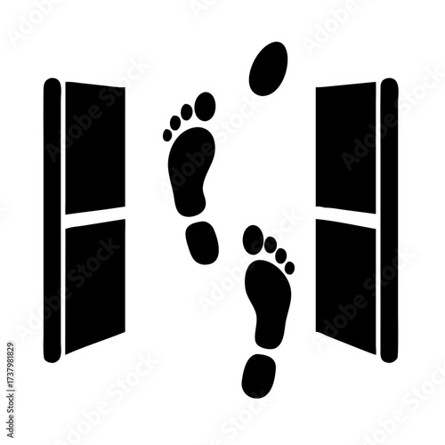 Footprints Exit Door Solid Glyph Vector Icon, Way Out Symbol for Evacuation, Escape Route, Navigation, and Safety UI Design, Isolated on White Background.


