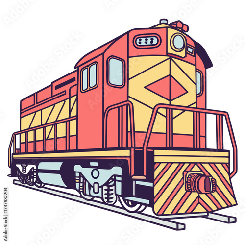 Bright red and yellow diesel train engine illustration