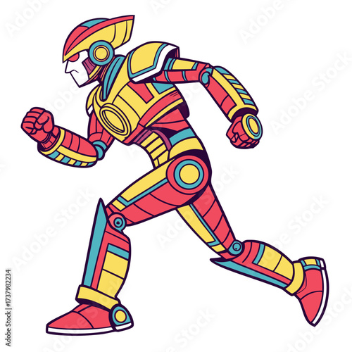 Bright red yellow and blue robot running machine humanoid