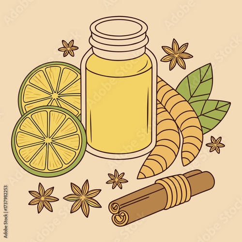 Oil bottle surrounded by star anise, sliced limes, ginger, and cinnamon stick on beige