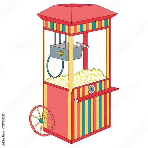 Bright red yellow blue striped popcorn machine cart