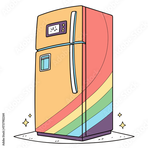 Bright refrigerator with rainbow stripes and digital display