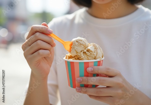 Close up of a woman eating delicious ice cream from a colorful cup outdoors on a sunny day.