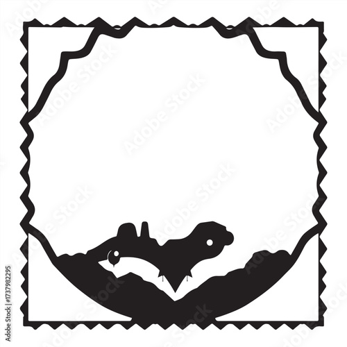 A black and white vector silhouette of advanced technology and space elements, framed by a timeless zigzag border on a white background.