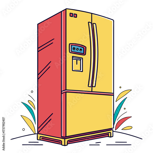 Bright yellow and red refrigerator with digital display