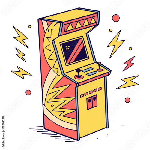 Bright yellow arcade game machine with red and blue accents