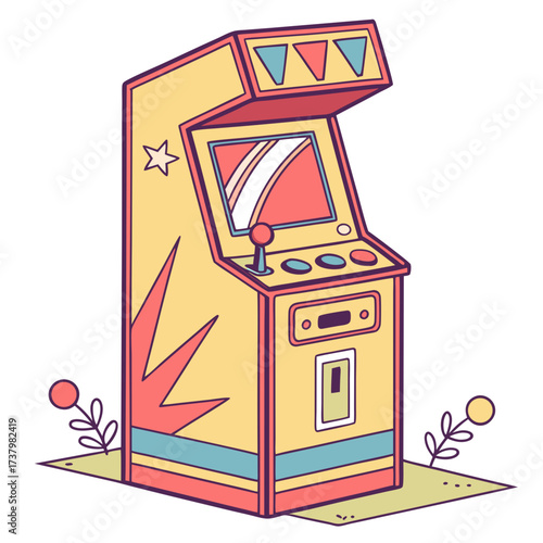 Bright yellow arcade game machine with red and blue accents 1