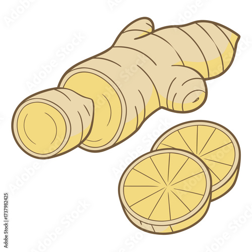 A sliced cartoon ginger root sits near two ginger slices on white