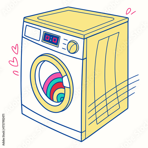 Bright yellow washing machine with colorful drum and digital display