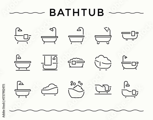 bathtub icon set. Faucet icon set. Thin UI icons. It contains symbols to indoor, relax, simple, home, web and more. Vector illustration.