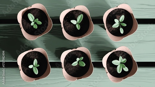 Freshly sprouted seedlings are growing in biodegradable paper containers arranged neatly on a pale wooden surface. The plants have vibrant green leaves and healthy soil