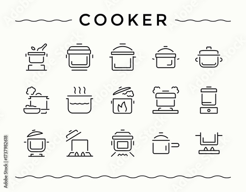 Cooker vector line icon set. Pan line icon set. Minimalist icons collection. Contains such symbols as spoon, cooking, pan, restaurant, utensil and more. Editable vector art and illustration.
