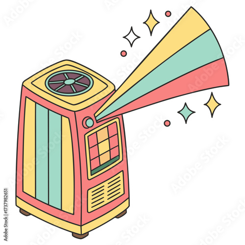 Colorful air purifier with glowing light beams and stars